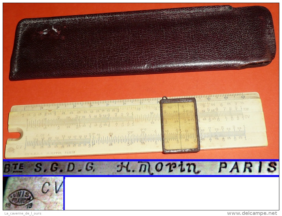 Ancienne Petite Règle à Calculer De Calcul étui Cuir UNIS France Morin Paris KW Abaque - Autres & Non Classés