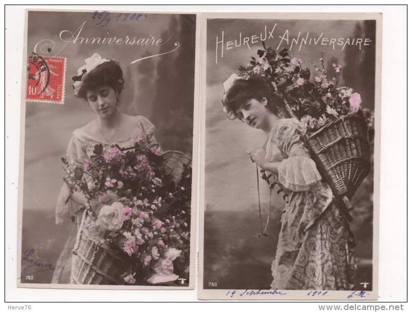 2 CPA Fantaisie - Femme - Frau - Lady - Panier - Fleurs - Frauen