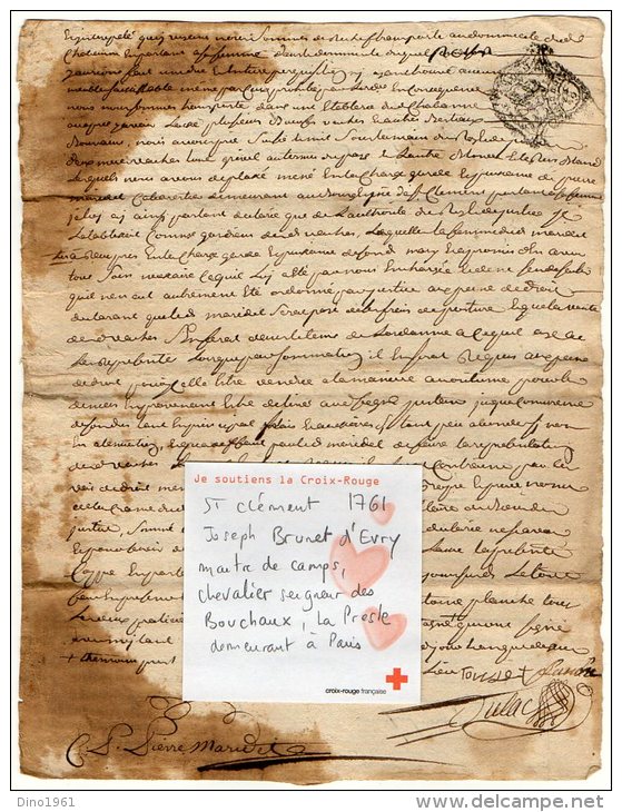 VP844 - SAINT / CLEMENT 1761 - Acte Mr J.BRUNET D ' EVRY  Maitre De Camps Chevalier Seigneur De Bouchaux , La Presle - Timbri Generalità