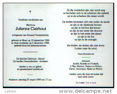 Souvenir Mortuaire CLAIRHOUT, Julienne (1926-1998) Echtg. VANDENBULCKE, A. Geboren En Overleden Te MOEN - Albums & Katalogus