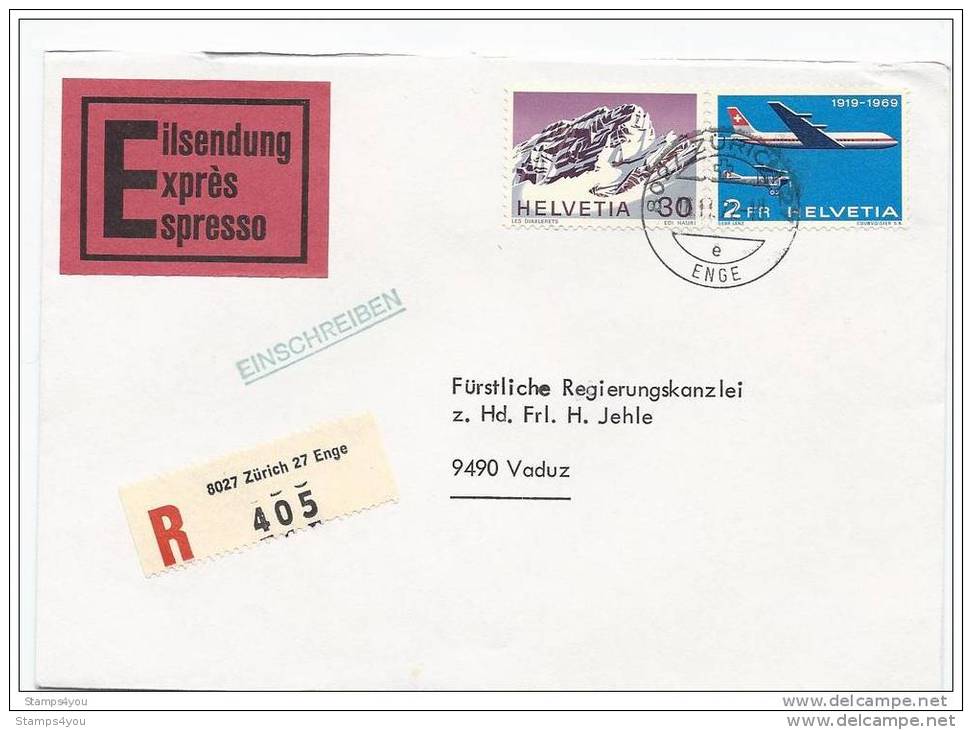 CH - 18723 - Enveloppe Exprès Recommandée Envoyée De Zurich Au Liechtenstein 1972 - Briefe U. Dokumente