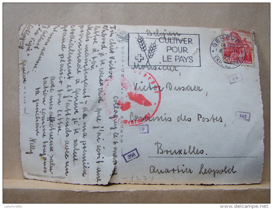 CP. 534. Carte Postale De Genève Avec Cachet De Censure; Flamme, Cultiver Pour Le Pays 1942 - Brieven En Documenten