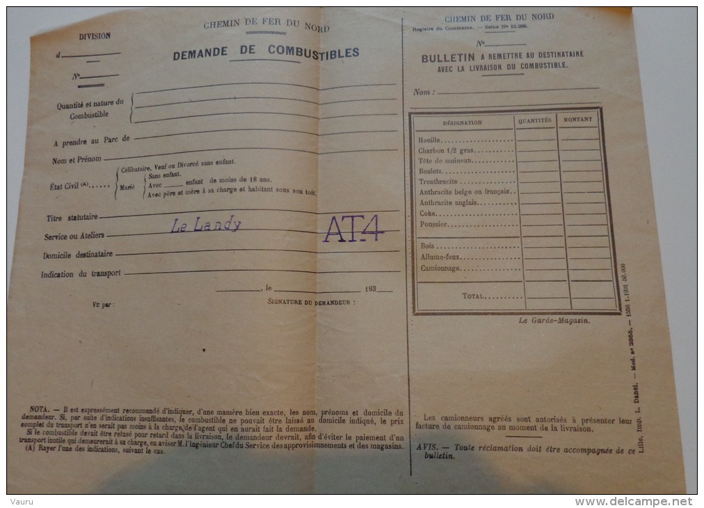 92 LE LANDY CHEMIN DE FER DU NORD DEMANDE DE COMBUSTIBLES CHARBON TRAIN LOCOMOTIVE SNCF  1930 - Supplies And Equipment