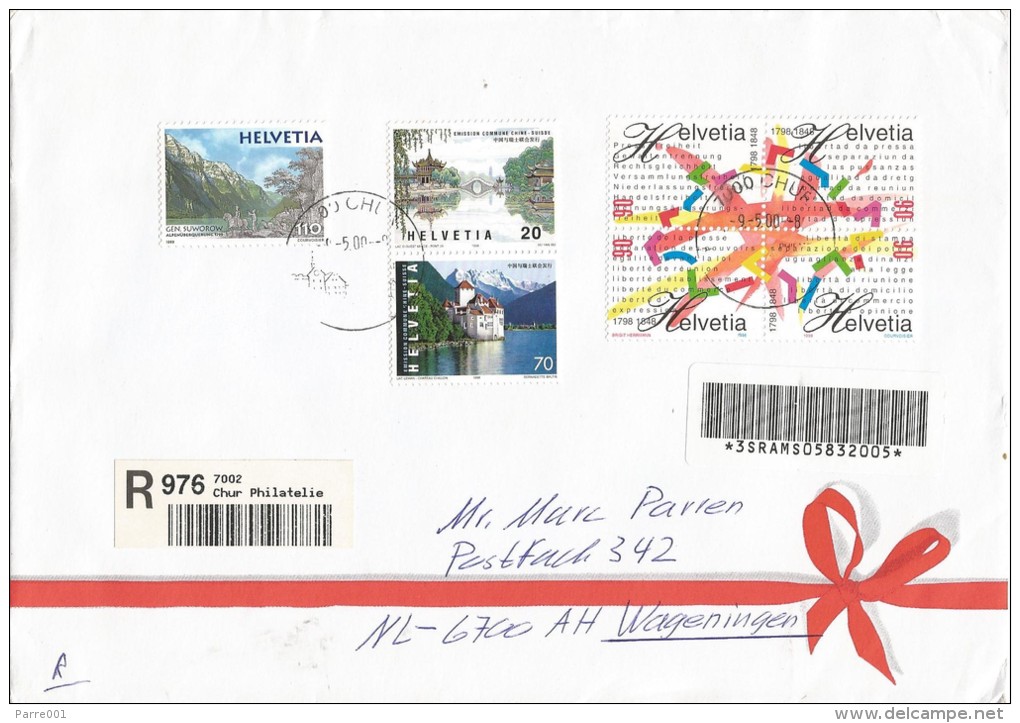 Switzerland 2000 Chur China Cooperation Pagoda Castle Barcoded Registered Cover - Emissions Communes