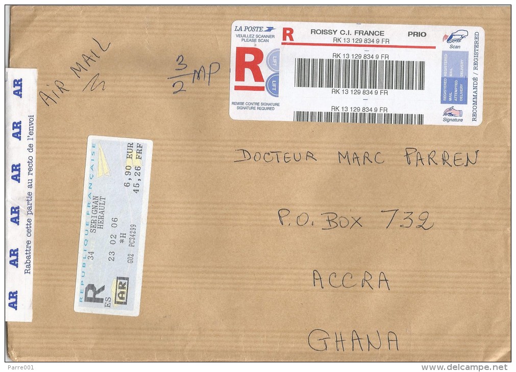 France 2006 Serignan & Roissy (Chales De Gaulles Airport) Meter Franking EMA ATM Barcoded Registered AR Cover - EMA (Print Machine)