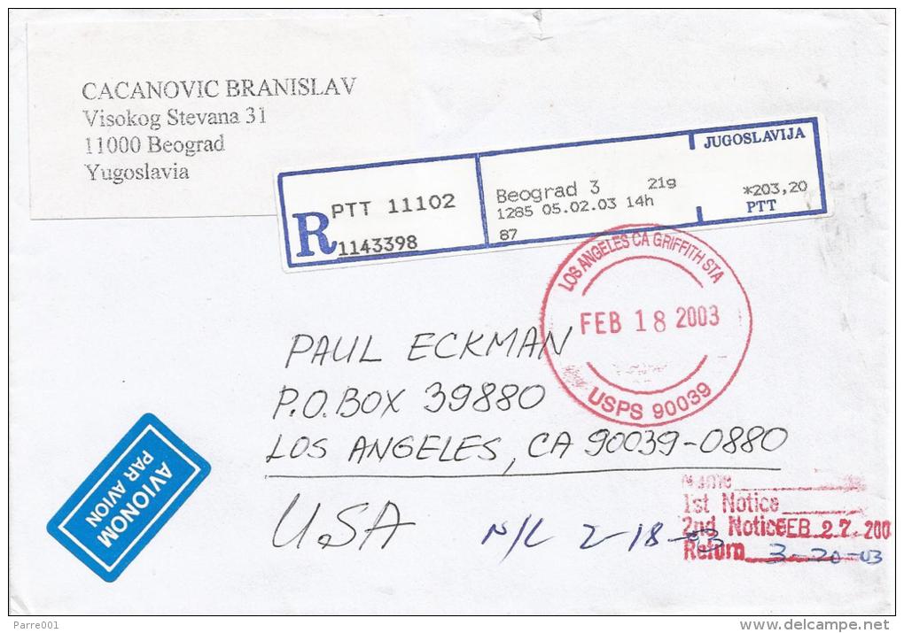 Yugoslavia 2003 Beograd EMA Post Office Meter Franking Barcoded Registered Cover - Brieven En Documenten