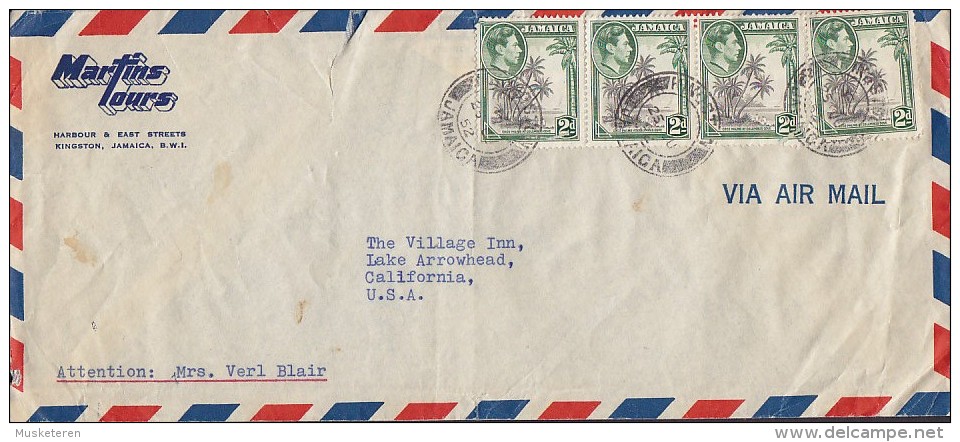 Jamaica Airmail MARTINS TOURS, KINGSTON 1952 Cover Brief To California USA 4-stripe King George VI. & Coco Palm Tree - Jamaïque (...-1961)