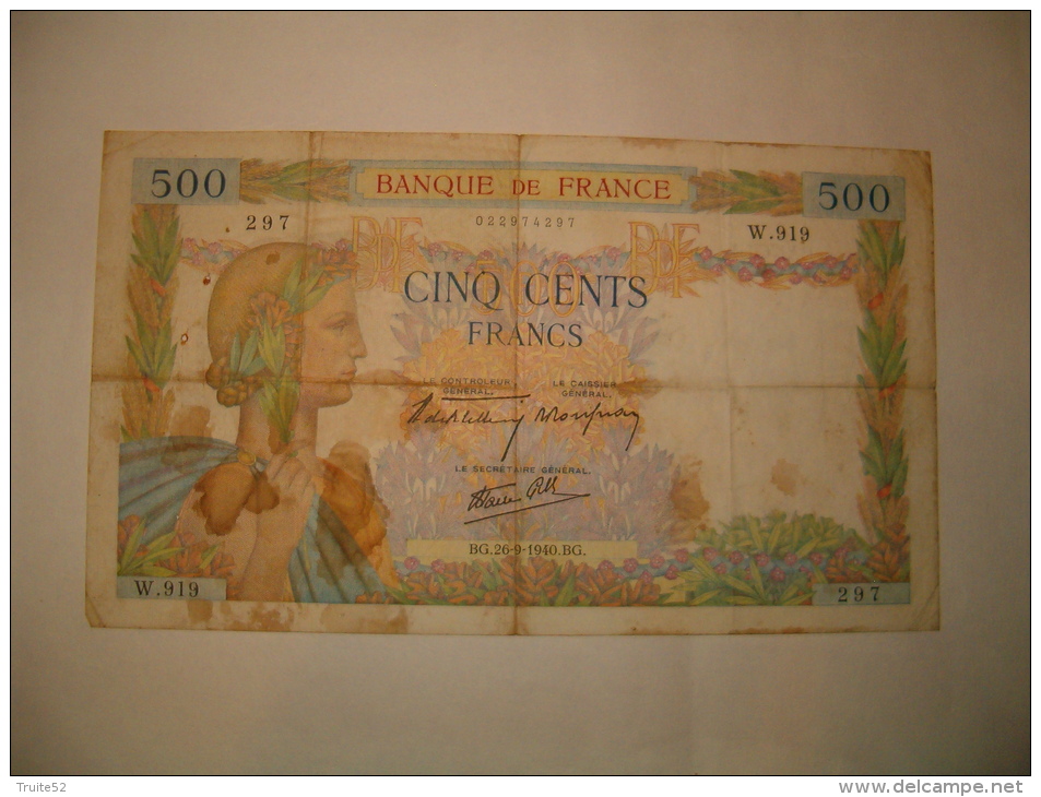 BILLET  500  Francs  ( La Paix   ) Type  1939     - 26 - 9 - 1940 - 500 F 1940-1944 ''La Paix''