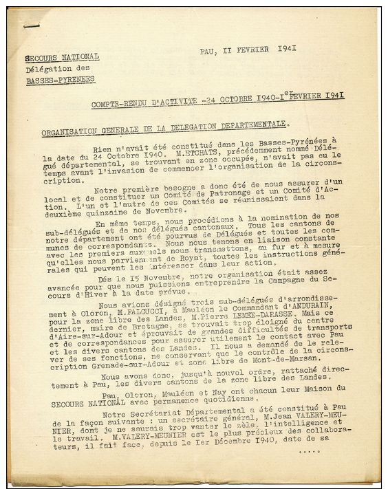 SECOURS NATIONAL SOUS LE HT PATRONAGE MAL PETAIN  ENTETE DES BASSES PYRENEES PAUL LE 11 FEVRIER 1941 COMPTE RENDU D ACTI - Documents Historiques