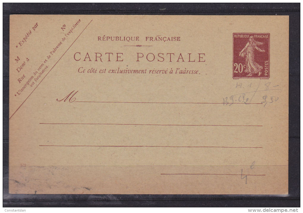 FRANCE ENTIER POSTAL CP2 20C LILAS BRUN TYPE SEMEUSE CAMEE  TIMBRE AU TYPE IIB NEUF TRES BEAU - Postales Tipos Y (antes De 1995)