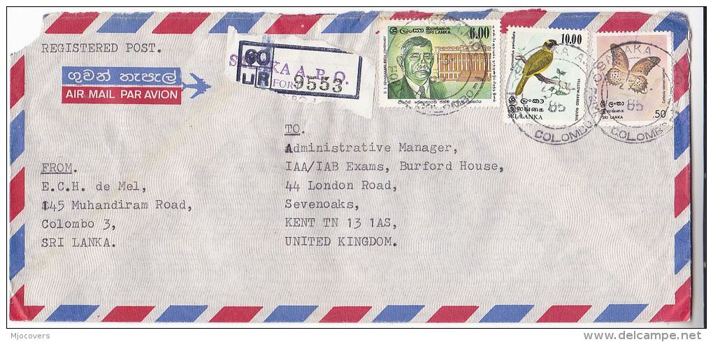 REGISTERED Air Mail SALAKA SRI LANKA COVER 6.00 SENANAYAKE 10.00 BULBUL BIRD 0.50 BUTTERFLY Stamps Insect - Sri Lanka (Ceylon) (1948-...)