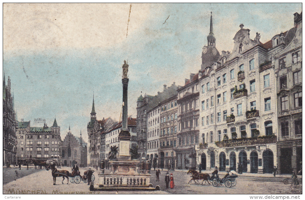 ALLEMAGNE,GERMANY,DEUTSCH LAND,MUNCHEN EN 1910,relief,MUNICH,MARIEN PLATZ,HOTEL,attelage - Muenchen