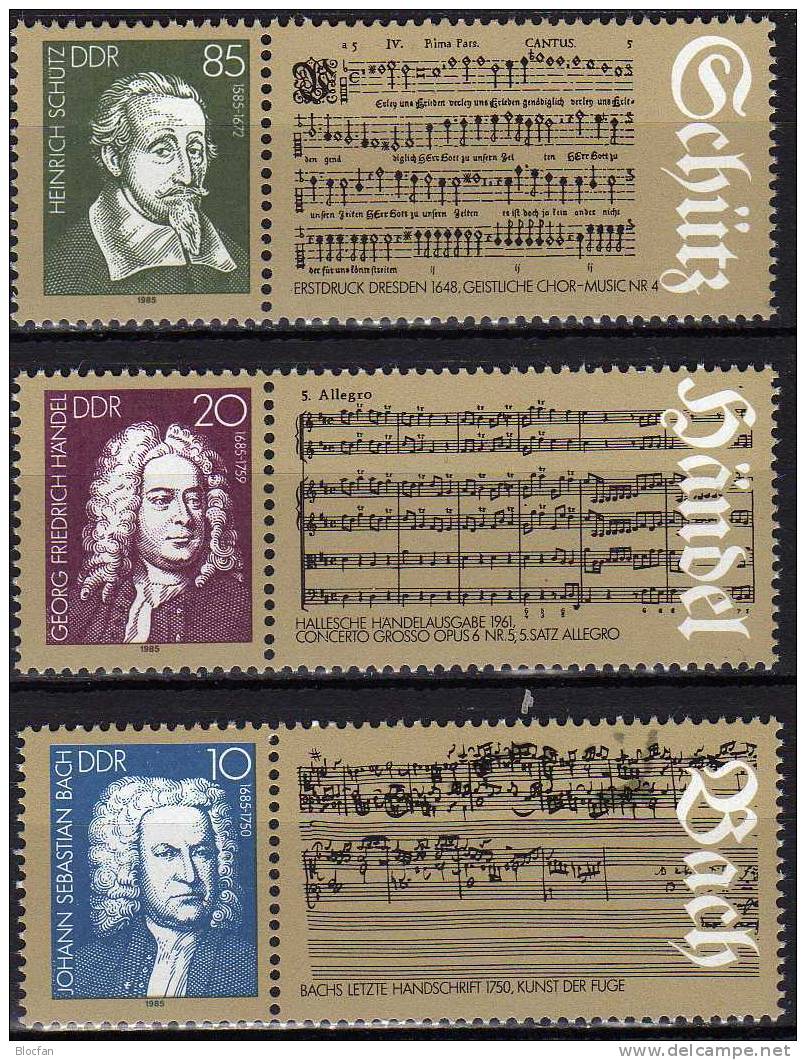 Musiker Bach,Händel,Schütz DDR 2931/3 4ZD+Block 81 ** 8€ Kunst der Fuge Concerto grosso Chor-Musik Nr.4 sheet of Germany