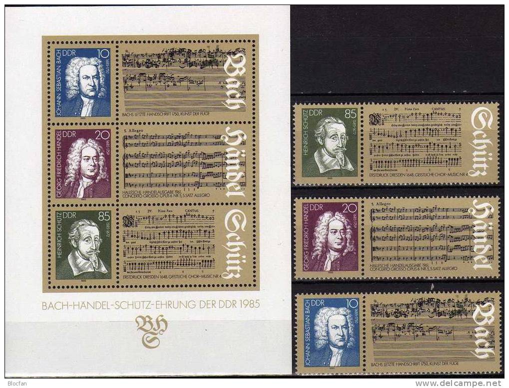 Musiker Bach,Händel,Schütz DDR 2931/3 4ZD+Block 81 ** 8€ Kunst der Fuge Concerto grosso Chor-Musik Nr.4 sheet of Germany