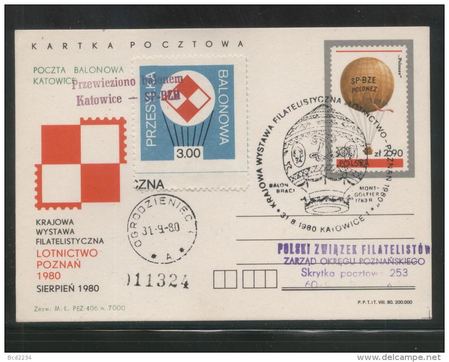 POLAND 1980 POZNAN 1980 AIRCRAFT PHILATELIC EXPO KATOWICE BALLOON FLOWN POSTCARD CINDERELLA BALLOONS OGRODZENIEC (A) - Ballonpost