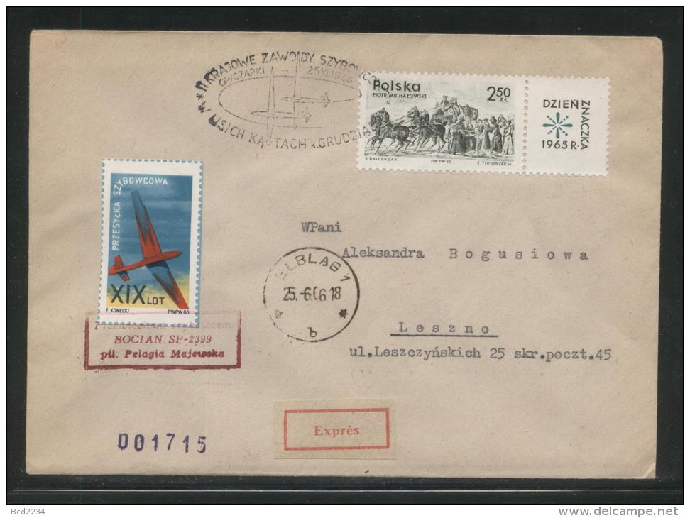 POLAND 1966 2ND NATIONAL GLIDING CHAMPIONSHIPS COMM COVER BOCIAN GLIDER FLOWN COVER ELBLAG B RECEIVER CINDERELLA STAMP - Zweefvliegers