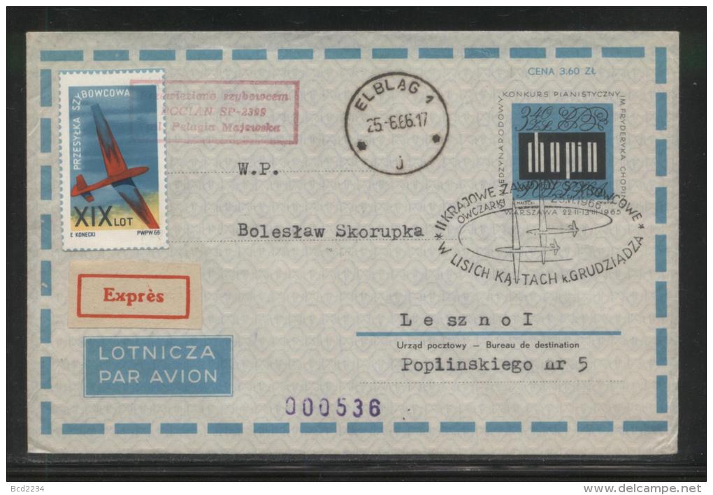 POLAND 1966 2ND NATIONAL GLIDING CHAMPIONSHIPS COMM BOCIAN GLIDER FLOWN AIRMAIL COVER ELBLAG J RECEIVER CINDERELLA STAMP - Aerei