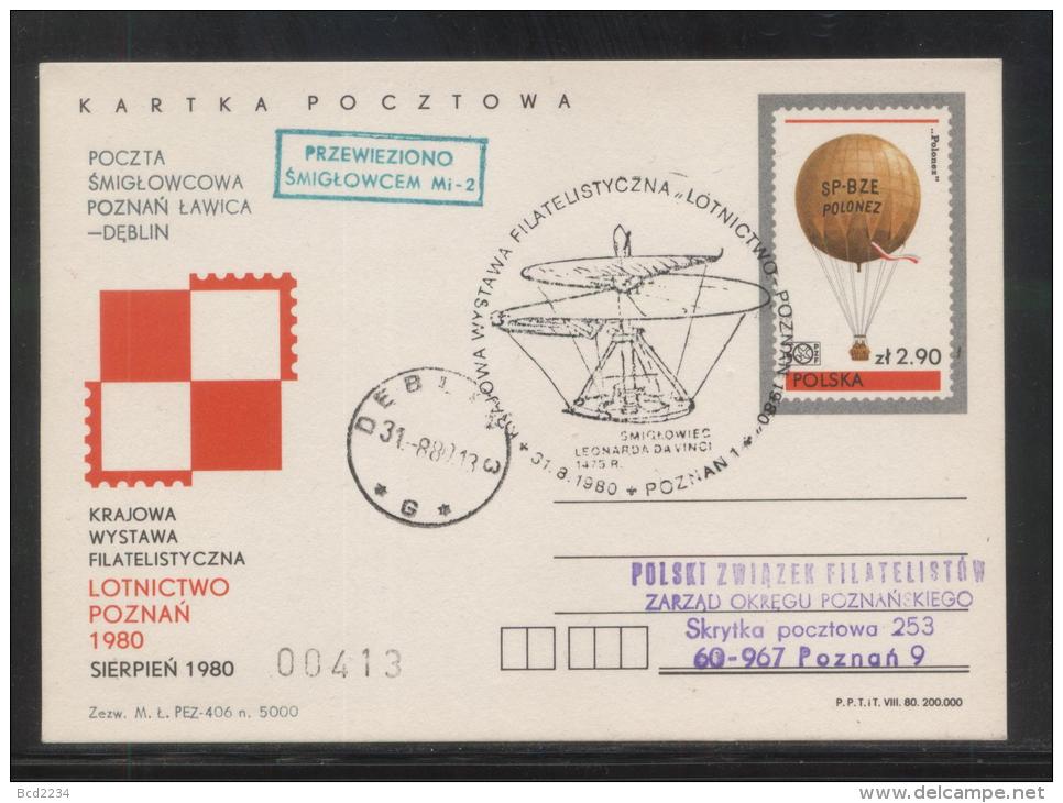 POLAND 1980 POZNAN 1980 AIRCRAFT PHILATELIC EXPO KATOWICE HELICOPTER FLOWN POSTCARD DEBLIN (G) RECEIVING CDS - Airplanes