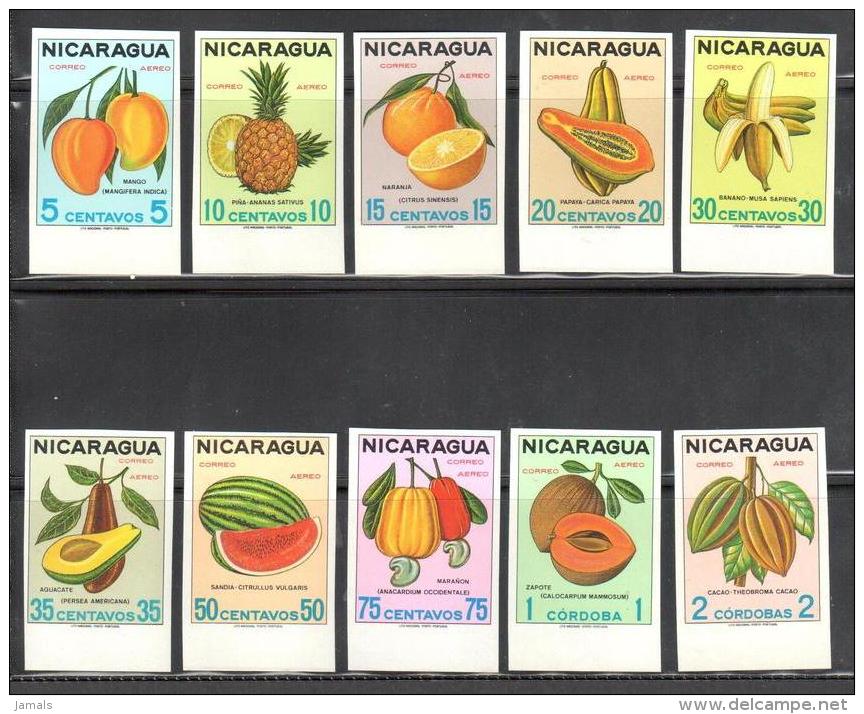 Nicaragua, Imperf Set Of 10, Fruits, Mango, Banana, Avocado, Watermelon, Pineapple, Papaya, MNH, Extremely RARE - Food
