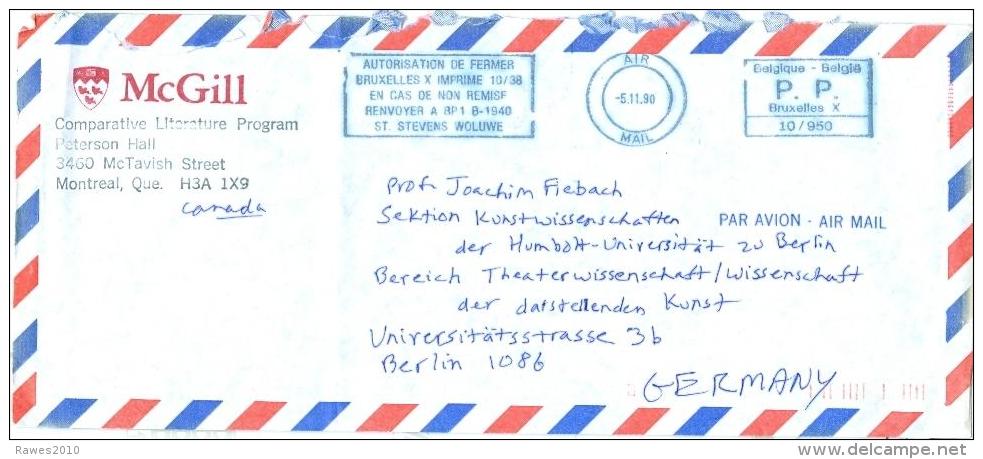 Belgien Brüssel AFS 1990 Air Mail Mc Gill Literature Program Wappen Luftpostbrief An Humbuldt-University Berlin - 1980-1999