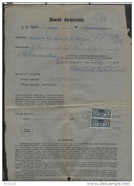 POLAND 1918 COURT DELIVERY DOCUMENT TIED WITH 2 X 1908 10H COURT DELIVERY REVENUE STAMPS - Fiscaux