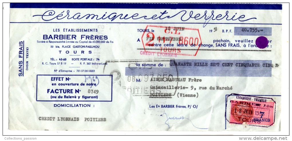 Lettre De Change , Céramique Et Verrerie , Les établissements Barbier Frères , TOURS , 1958 , - 1950 - ...