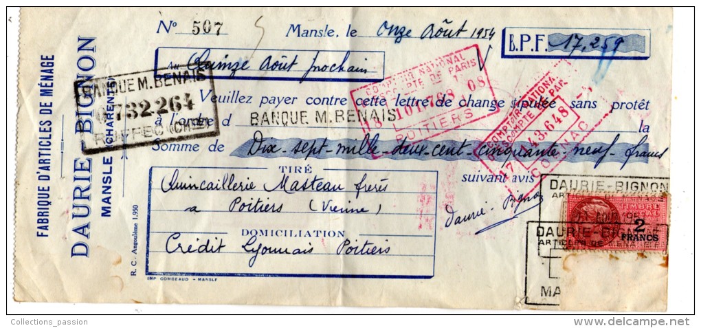 Lettre De Change ,fabrique D´articles De Ménage , DAURIE BIGNON , MANSLE , Charente - 1950 - ...