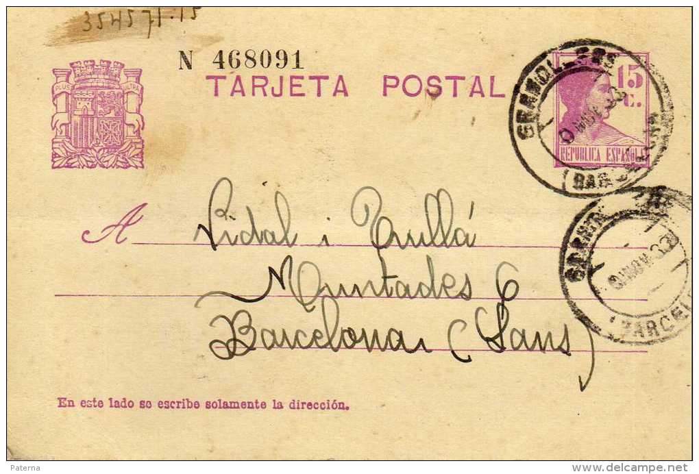 1259 Entero Postal Granollers 1933 Barcelona República Española - 1931-....