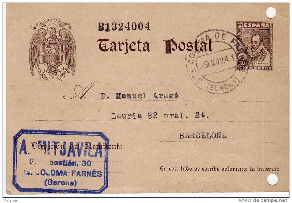 1262 Entero Postal Santa Coloma De Farnes 1941 Gerona  Cervantes - 1931-....