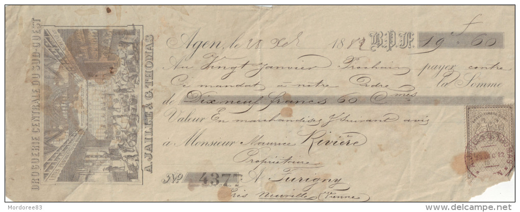 DROGUERIE CENTRALE DU SUD OUEST A JAILLE ET G THOMAS AGEN 1882 - Lettres De Change