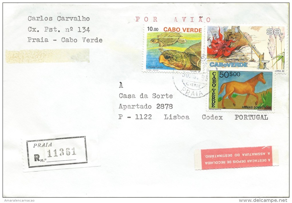 STAMPS - TIMBRES - REGISTERED LETTER - CAPE VERDE TO PORTUGAL - FAUNA (HORSE AND TURTLE) - FLORA (SUGAR CANE) - Cape Verde