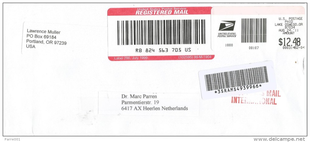 USA 2011 Lake Oswego Post Office Meter Franking Barcoded Registered Cover - Marcofilie