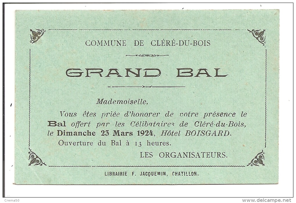 CLERE DU BOIS - Invitation Pour Le Grand Bal Des Célibataires, 1924 - Historical Documents