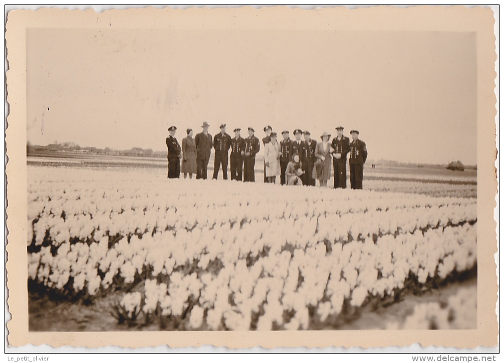 PHOTO ORIGINALE  39 / 45  WW2 KRIEGSMARINE PAYS BAS SOLDATS ET OFFICIERS ALLEMANDS DANS UN CHAMP DE TULIPES - Guerre, Militaire