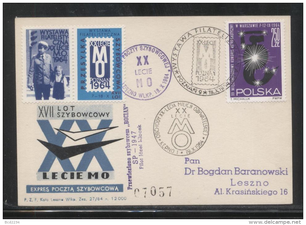 POLAND 1964 XVII GLIDER FLIGHT 20 YEARS MILITIA POLICE SERVICE TO NATION PHILATELIC EXPO FLOWN CARD T1A CINDERELLA - Alianti