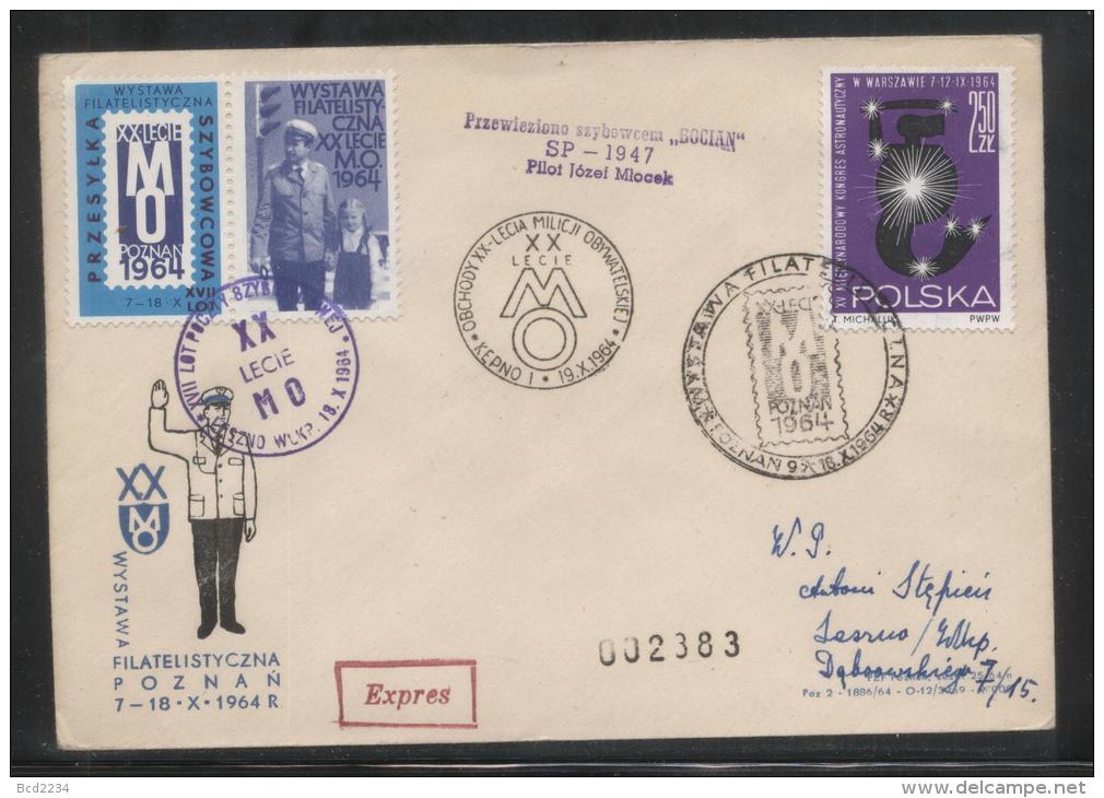 POLAND 1964 XVII GLIDER FLIGHT 20 YEARS MILITIA POLICE SERVICE TO NATION PHILATELIC EXPO FLOWN CvR T1B CINDERELLA - Police - Gendarmerie