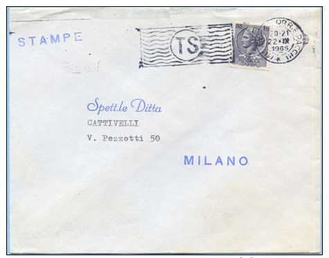 SIRACUSANA L. 15 ISOLATO BUSTA STAMPE INTERESSANTE E RARO ANNULLO TS MILANO 22.9.65 OTTIMA QUALITÀ (A239) - 1961-70: Storia Postale