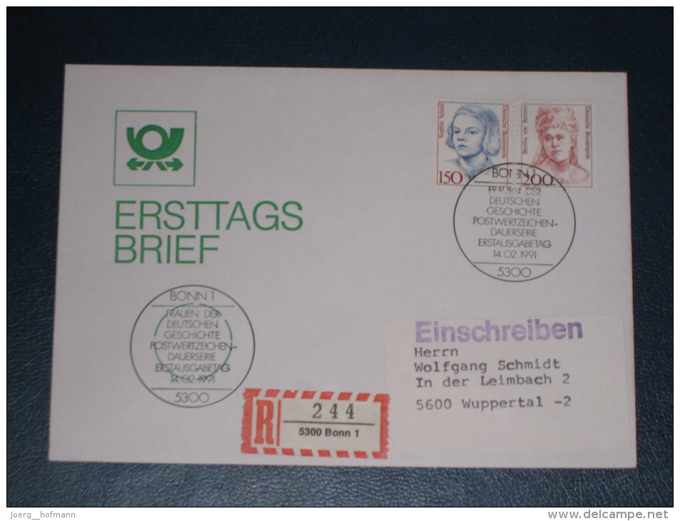 FDC Brief Deutschland Bund Einschreiben 1991 Bonn 150+200 Frauen Der Deutschen Geschichte  Ersttag - Covers & Documents