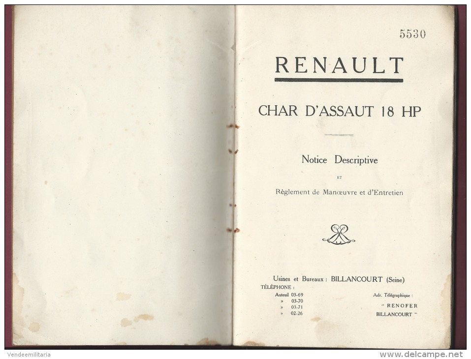 RENAULT Char D'assaut 18 Hp " Notice Descriptive Et Règlement De Manoeuvre Et D'entrtien" 1918 - 1914-18