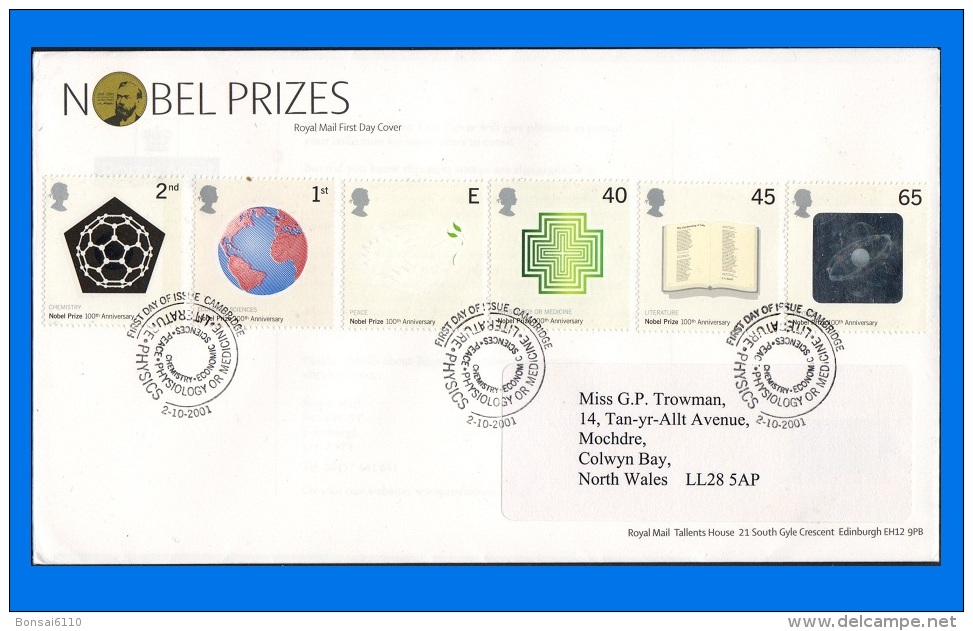 GB 2001-0001, Centenary Of Nobel Prizes FDC, Cambridge SHS - 2001-2010 Decimal Issues