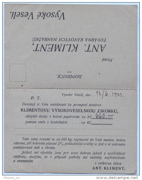 VYSOKE VESELI, Czech Republic, 1923. Coffe Substitutes Factory, Postal Stationery - Cartes Postales