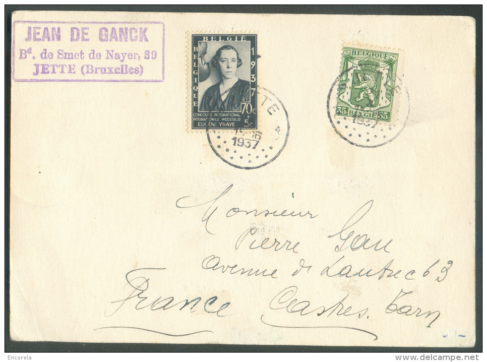 Carte Affranchie 70cent. Elisabeth Ysaye + 35 Cent. Sceau De L'Etat Obl. Sc JETTE Du 21-X-1937 Vers Castres (FR) - 9594 - Storia Postale