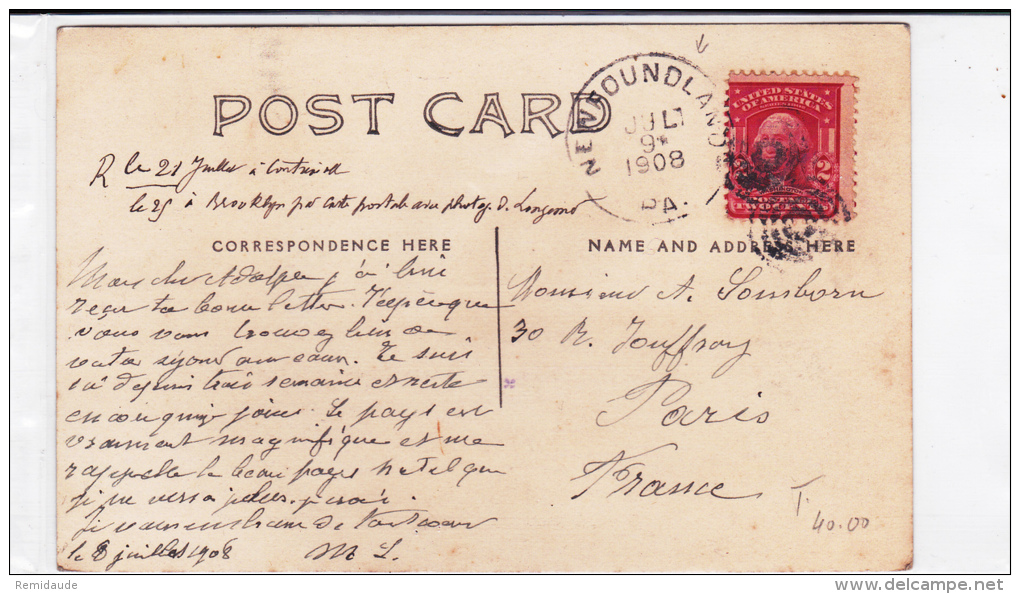 USA - 1908 - CARTE POSTALE PHOTO De NEWFOUNDLAND (PENNSYLVANIA) Pour PARIS - Postal History