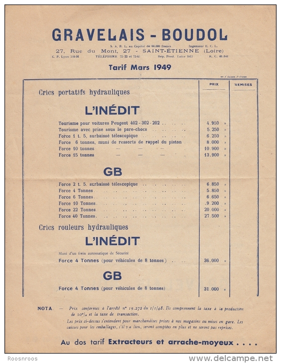 PUBLICITE  TARIF L'INEDIT  GRAVELAIS-BOUDOL SAINT- ETIENNE LOIRE  42 - CRICS ET  EXTRACTEURS  -1949 - Publicités