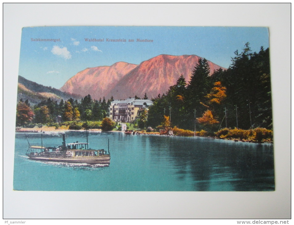 AK Photochromie (?) 1914 Salzkammergut Waldhotel Kreuzstein Am Mondsee Dampfschiff Verlag F.E. Brandt - Gmunden - Mondsee