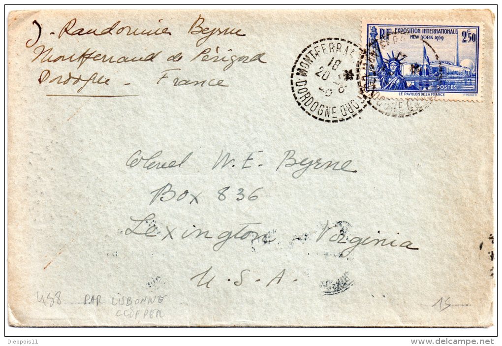 Lettre De Montferrand De Périgord à Lexington (USA=) 20 Aout 1940 Via Lisbonne Par Clipper Timbre YT 458 - Guerre De 1939-45