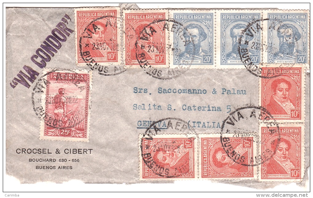 1938 FRONTE DI LETTERA VIA AEREA VIA CONDOR DA ARGENTINA X GENOVA - Poststempel (Flugzeuge)