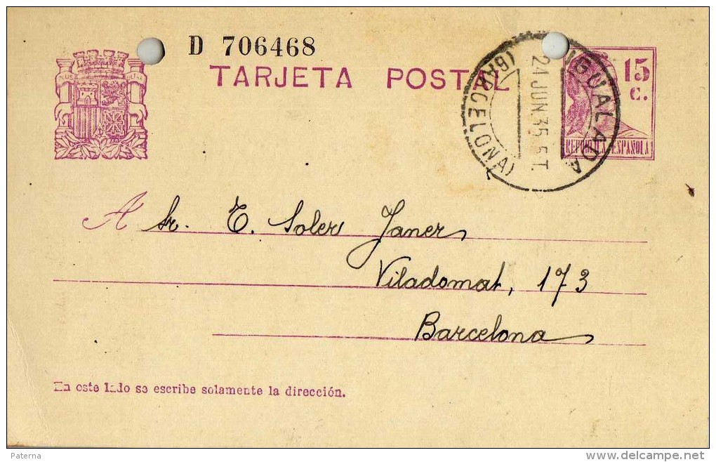 1265 Entero Postal Igualada 1935 Barcelona Republica - 1931-....