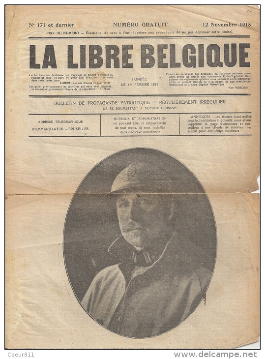 Journal  LA LIBRE BELGIQUE     No 171 Et Dernier    Du 12 Novembre 1918 - 1914-18