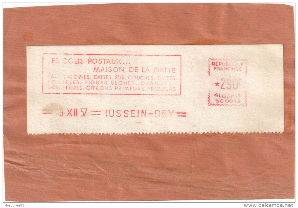 ALGERIE EMA LA MAISON DE LA DATTE SUR FRAGMENT PAQUET POSTE 290F HUSSEIN DEY 9/12/57 - Covers & Documents